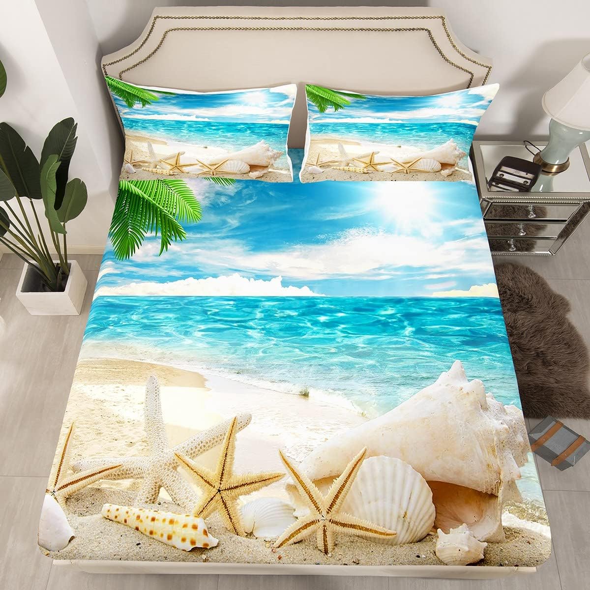 Fitted Bed Sheets Deep Pocket - Beach Theme Fitted Sheet Seashell Starfish